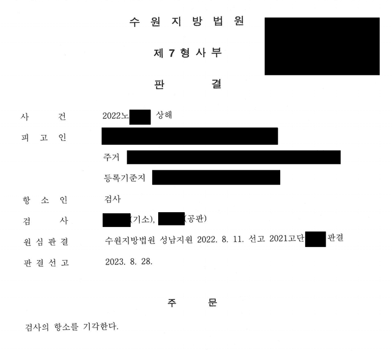 검사의 항소 기각된 상해죄 판결, 벌금 1천만 원 선고