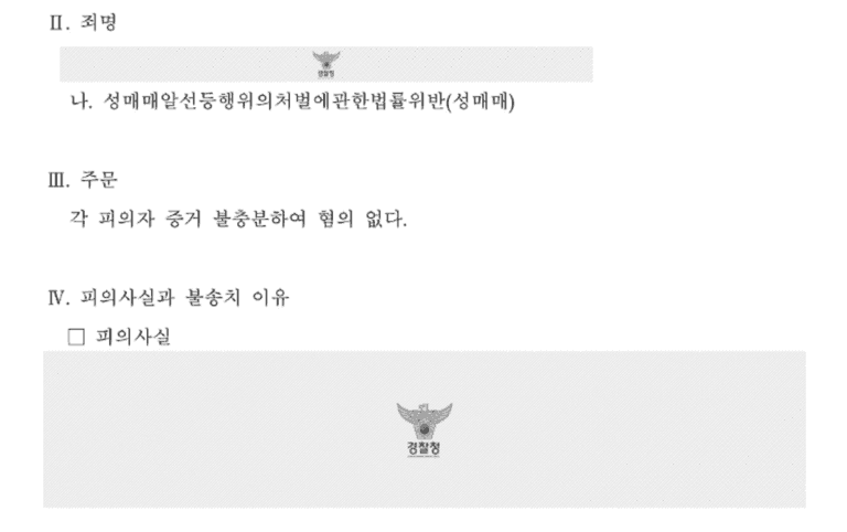 성매매 유사성행위 불송치 증거불충분 혐의없음