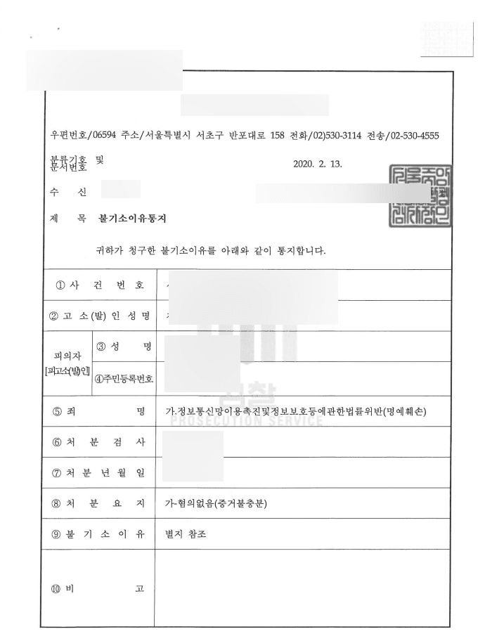 성형외과 허위사실 적시 명예훼손 불기소 처분
