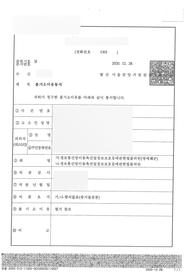 인스타그램 허위 사실 명예훼손 불기소 처분
